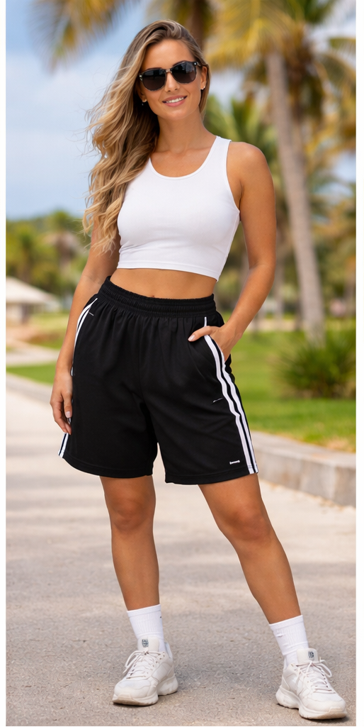Woman in athletic wear standing outdoors with palm trees in the background