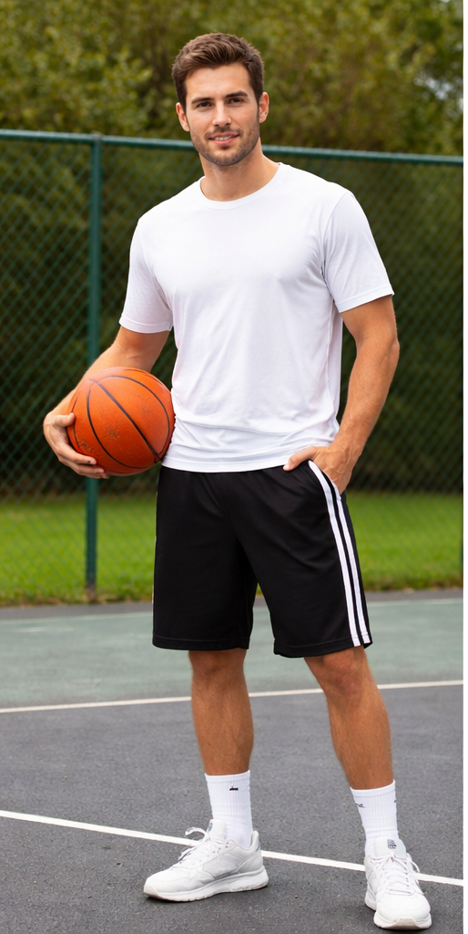 Man holding a basketball on a court with green trees in the background
